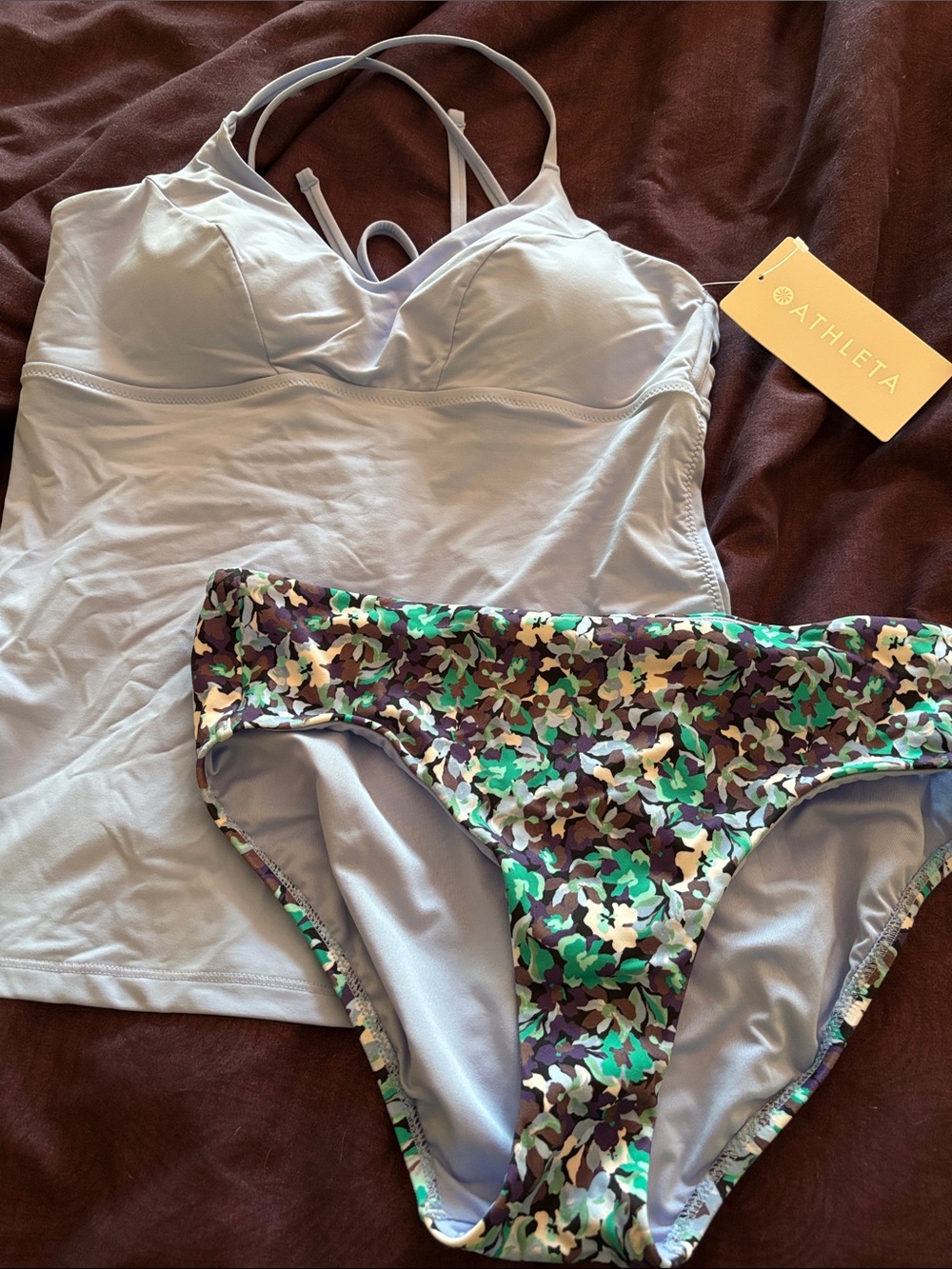 Athleta Light Gray Tankini Top with Green & Purple Floral Bikini Bottoms